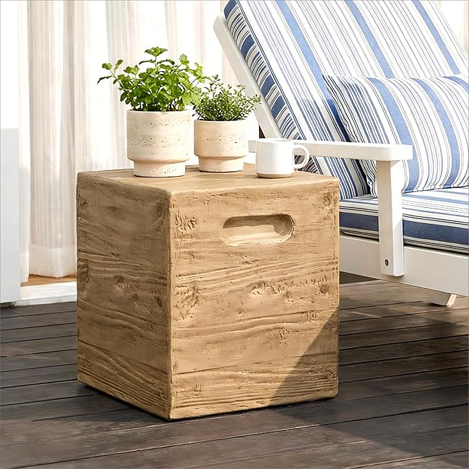 HOMPUS Outdoor Side Table w Groove Handle, Patio MgO Concrete Natural End Table, Square Accent Small Coffee Table for Garden, Patio, Porch and Deck, Light Oak
