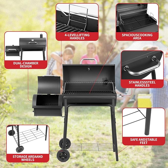 Kendane Barrel Charcoal Grill with offset smoker,550 Square Inches Cooking Area, Outdoor BBQ Grill with Front Shelf, Perfect for Backyard, Patio Parties and Picnics.