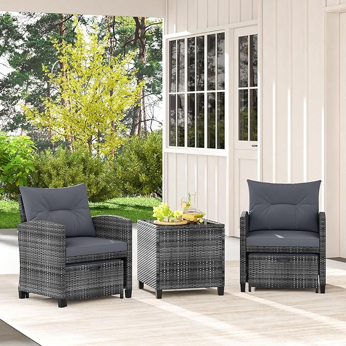 HAPPYGRILL 5-Piece Outdoor PE Rattan Conversation Set, Wicker Patio Furniture Set with Cushion, Ottoman & Coffee Table for Backyard Garden Poolside Lawn Deck Porch (Mix Grey & Grey)