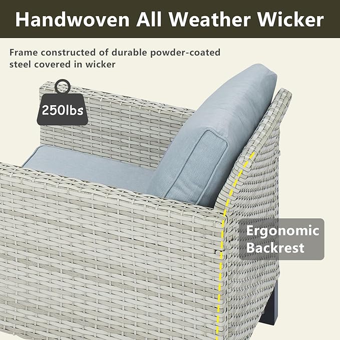 Rilyson Wicker Outdoor Patio Furniture Set - 5 Piece Patio Conversation Set with 2 Wicker Armrest Chairs,2 Rattan Ottoman and 1 Couch for Outside Porch Deck Backyard Garden(Light Grey/Sky Blue)