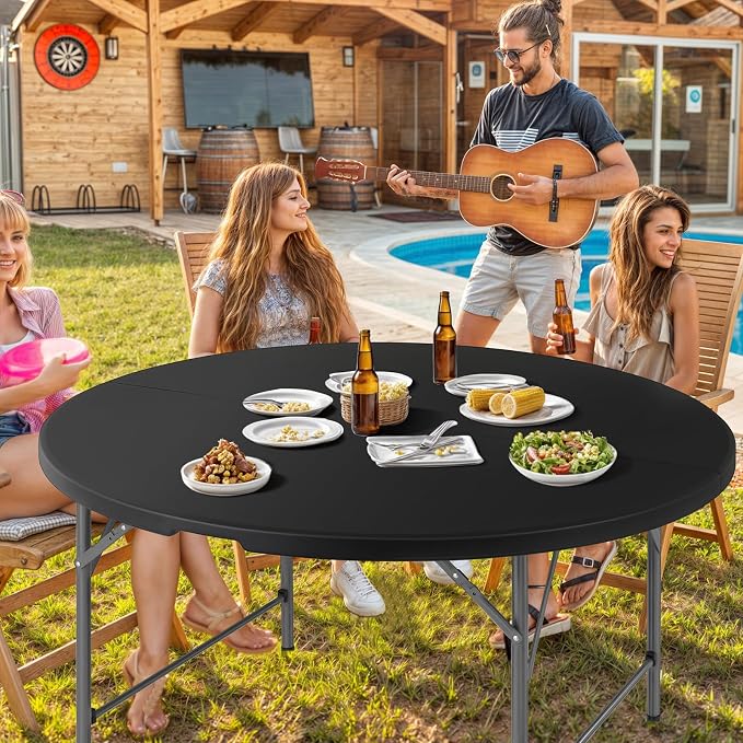 Magshion 60" Round Folding Table, 5 Feet Bi-Folding Plastic Commercial Dining Card Table w/Carrying Handle for Outdoor Wedding Party Event Picnic, Black