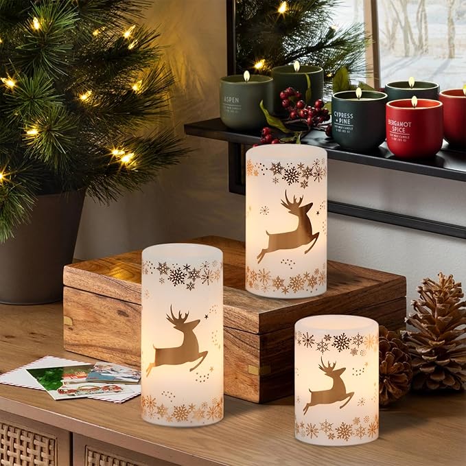 Wondise Flameless Flickering Candles with 6H Timer, Gold Deer Christmas Battery Operated Candles 3 Pack Real Wax Warm Light LED Pillar Candles for Christmas Dinner Tabletop Holiday Decor 3" x 6"