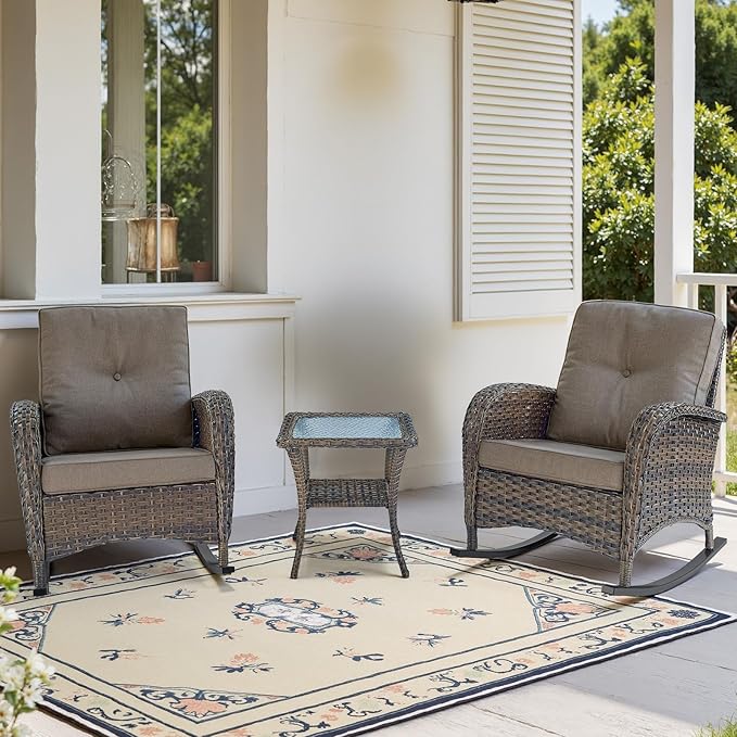 Belord Patio Rocking Chair Wicker Chair, 1 Piece Outdoor Rocking Chair Seating with Cushions for Porch Deck Balcony, Brown/Gray