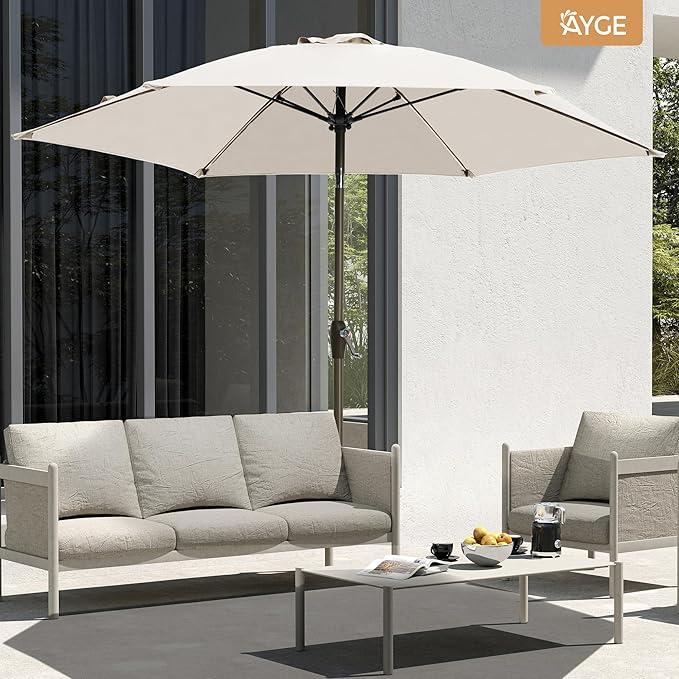 Ayge 7.5FT Large Outdoor Patio Umbrella Market Table Umbrella-UV Resistant, Easy Push Button Tilt and Crank, 6 Sturdy Fiberglass Ribs Heavy-Duty Pool Umbrella for Deck, Backyard,Garden, Yard,White