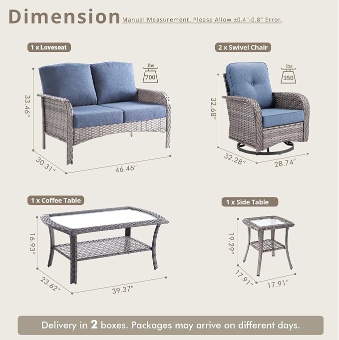 Weaxty Wicker Patio Furniture Set with Swivel Rocker Chairs Outdoor Loveseat Sofa and Rattan Coffee Table, 5 Pieces Outdoor Conversation Sets for Patio Porch Deck Backyard Poolside,Beige