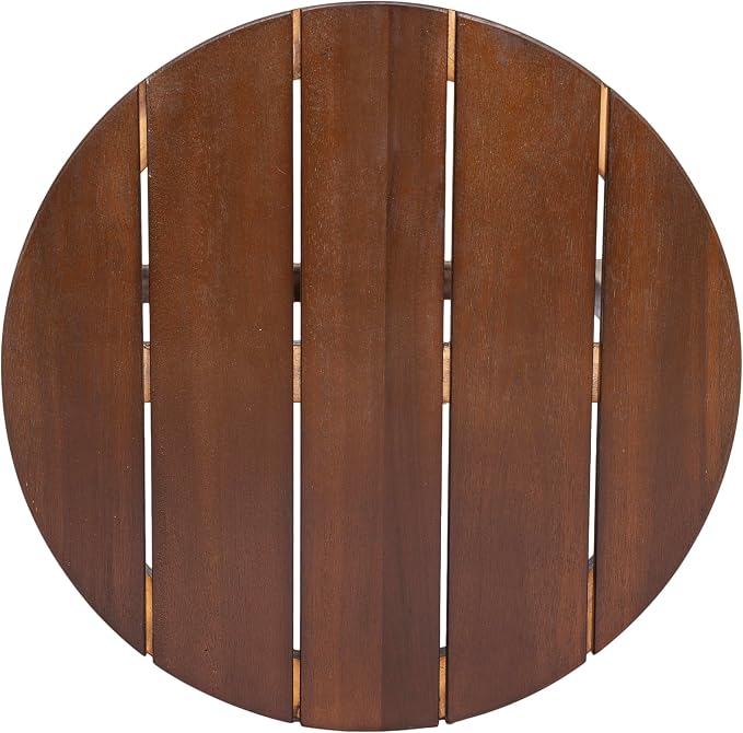 Merax Acacia Outdoor Wood Round Accent Side Table, Cross Base Design with Slat Detailing, Weather-Resistant, Dark Oak