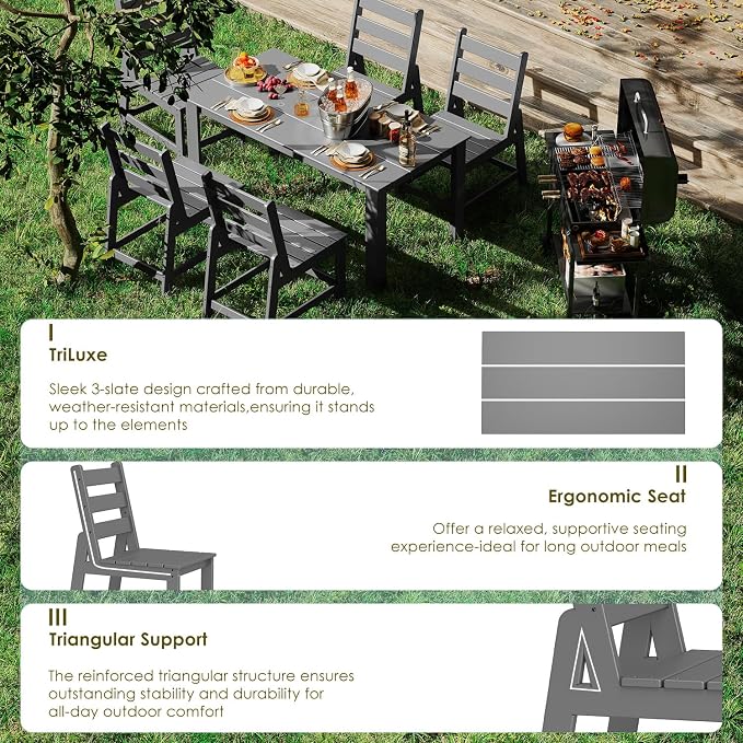 GREENVINES 7 Piece HDPE Outdoor Patio Dining Set, Table and 6 Chairs, Gray