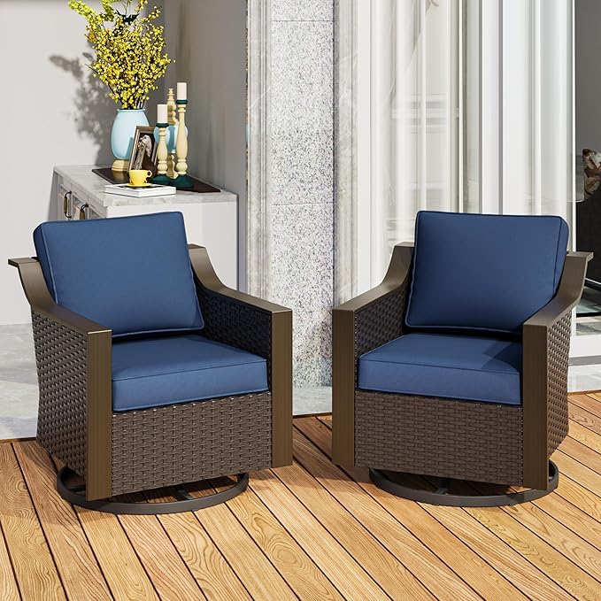 Patio Swivel Chairs Set of 2, Metal Wicker Conversation Furniture Set, Upholstered & 360 Degree Glider Rockers Armchairs, PE Rattan, Metal armrests, Terrace (Navy Blue)