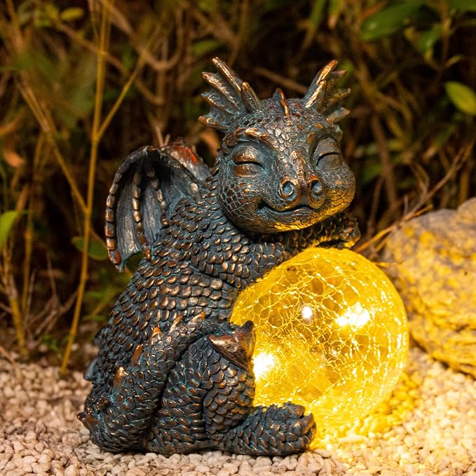 Solar Dragon Garden Statue, Dragon Solar Lights with Crackled Glass Globe | Solar Dragon Statue with Glowing Light, Fantasy Outdoor Decor for Garden, Patio, Yard, Fairy Ggarden and Dragon Lovers Gifts