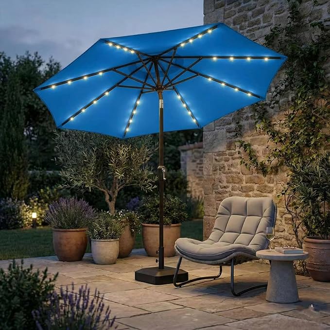 Kingdura 10FT Outdoor Patio Umbrella with Solar Lights, Market Table Umbrella with Push Button Tilt & Crank, 8 Sturdy Ribs, 32 LED Lights, UV Protection for Garden Lawn Deck Backyard Pool (Royal blue)
