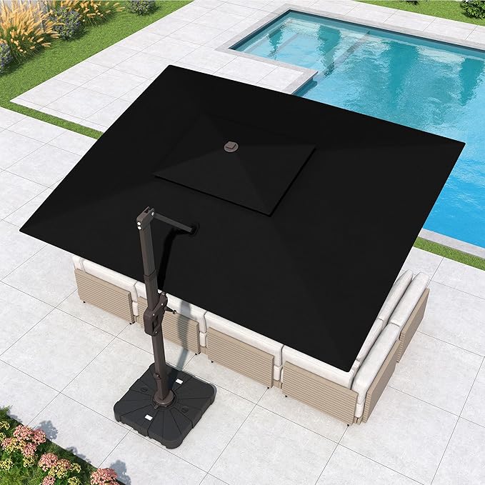 10x13 FT Cantilever Patio Umbrella with Base and Led Lights Double Top Outdoor Rectangular Large Heavy Duty Aluminum Offset Umbrellas with 7 Level Tilt 360-degree Rotation for Pool Garden Deck, Black