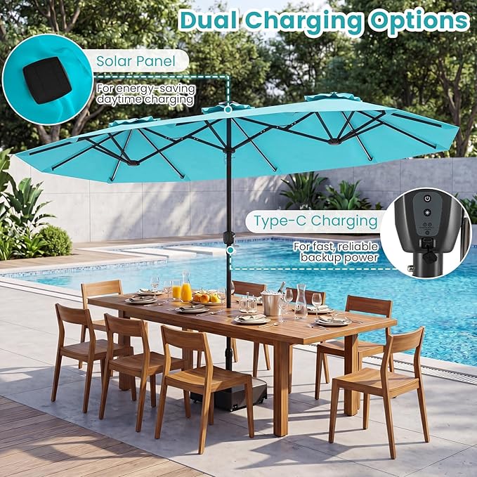 Tangkula 13 Ft Solar Patio Umbrella, Double-Sided Extra Large Outdoor Market Table Umbrella with Multi-Colored Flowing LED Lights, Crank Handle, 12 Sturdy Ribs for Poolside, Garden & Backyard (Turquoise)