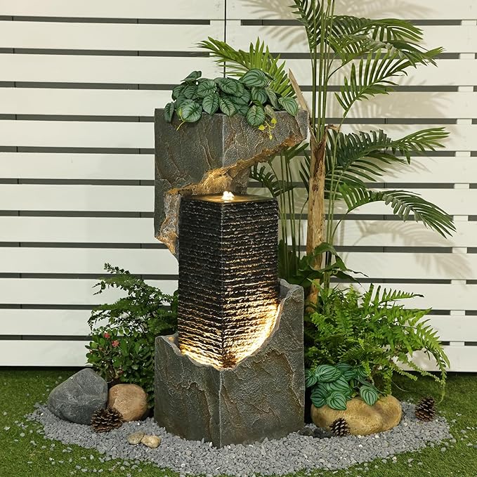 Bumilgar 35.4" H Garden Water Fountain Outdoor&Indoor, Floor Standing Outdoor Water Feature with LED Lights and Pump for Garden, Patio, Deck, Backyard, Porch and Home Art Decor, Gray