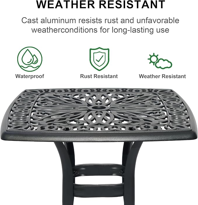 Cast Aluminum Outdoor Side Table, All Weather Metal End Table, Black Small Patio Table for Porch, Garden, Balcony, Black (21" Square Side Table)