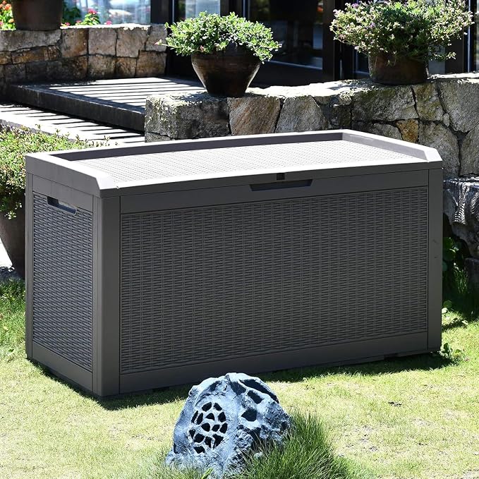 DIKEP 100 Gallon Polypropylene(PP) Deck Box with Cushion, Lockable Outdoor Storage Box for Patio Furniture, Garden Tools, Pool Supplies| Built-in Handles Waterproof Storage Container, Black