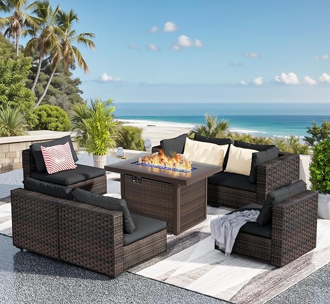 Grezone 7 Piece Patio Furniture Set with Fire Pit Table, Patio Sectional Furniture Sofa Set, Patio Conversation Sets with Cushions and Glass Coffee Table for Garden Lawn Balcony Porch Deck, Black