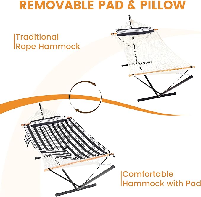 Lazy Daze Hammocks 2 Person Portable Hammock with 12FT Stand, Double Hand Woven Cotton Rope Hammock with Detachable Quilted Pad & Pillow for Outside, 450lb Capacity, Black White Stripes