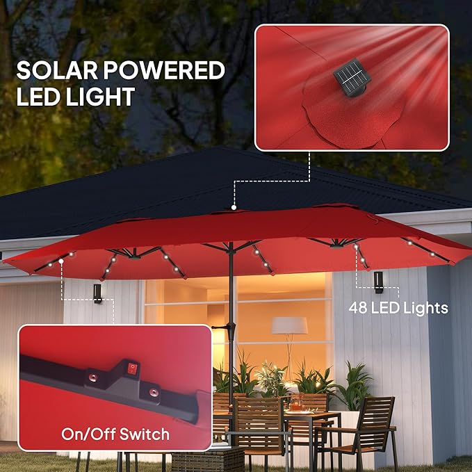 Outsunny 13ft Large Patio Umbrella with Solar Lights, Rectangular Double-Sided Outdoor Market Umbrella with Crank Handle and 48 LED Bulbs for Garden, Pool and Backyard, UPF 30+