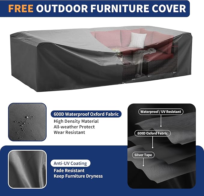Patio Furniture Set, 12-Piece Outdoor Sectional with Waterproof Cover, All-Weather Wicker Patio Conversation Sets for Backyard (Brown with Red Cushion)