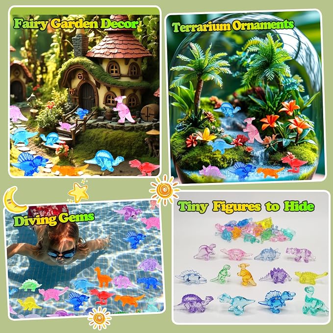 180 Pcs Mini Dinosaur Figures, Mini Resin Animals Figures to Hide, Small Plastic Dinosaur Figurines Miniature Ornaments Diving Gems for Vase Filler Fairy Garden Dino Party Decorations (Tiny Dinosaur)