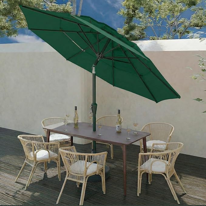 10FT Patio Umbrella 3 Tiers Outdoor Market Umbrella w/Push Button Tilt, Crank, UV and Waterproof Table Umbrella for Garden, Pool, Backyard, Deck, Lawn, Forest Green