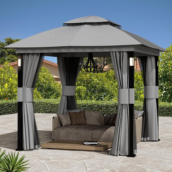 Covered Outdoor Patio Gazebo 8'x8' with LED Lights & Bluetooth Speaker, Heavy Duty Outdoor Canopy Shelter with Metal Frame, Double Roofs, Soft Top Gazebo with Netting and Curtains for Backyard, Gray