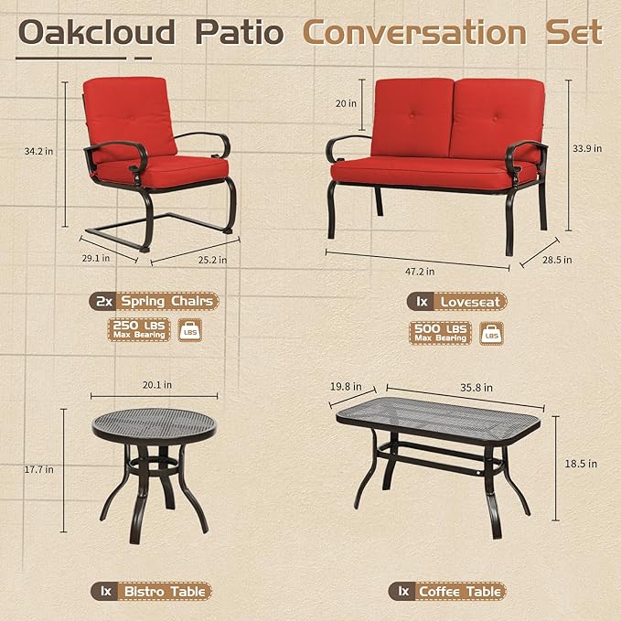 Oakcloud 5Pcs Metal Outdoor Furniture Patio Conversation Set (Loveseat, Coffee Table and Bistro Table, 2 Spring Chair) -Wrought Iron Patio Chair Set with Cushions (Red)