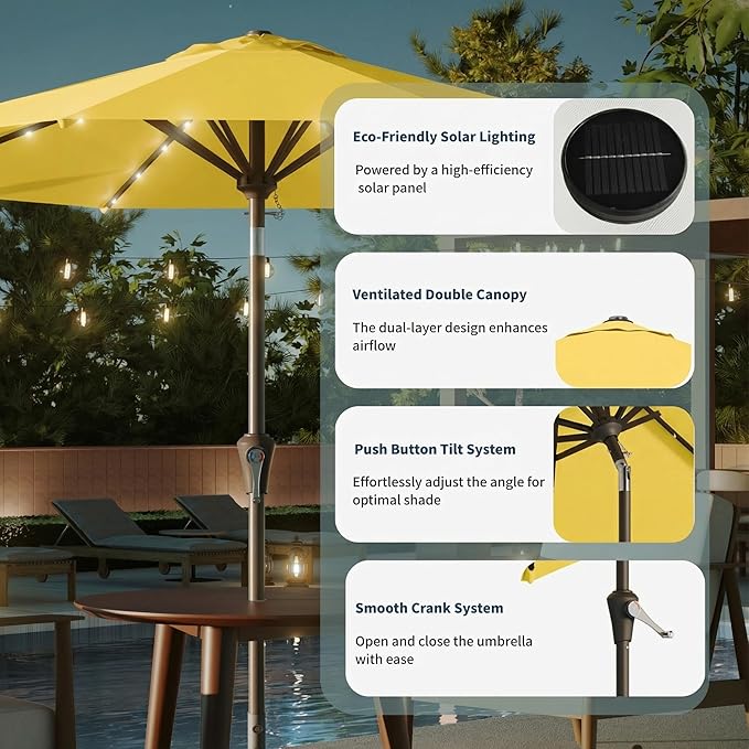 9FT Solar Umbrella 32 LED Lighted Patio Umbrella Table Market Umbrella w/Tilt and Crank, UV-Resistant Outdoor Umbrella for Pool, Garden, Deck, Sunshine Yellow