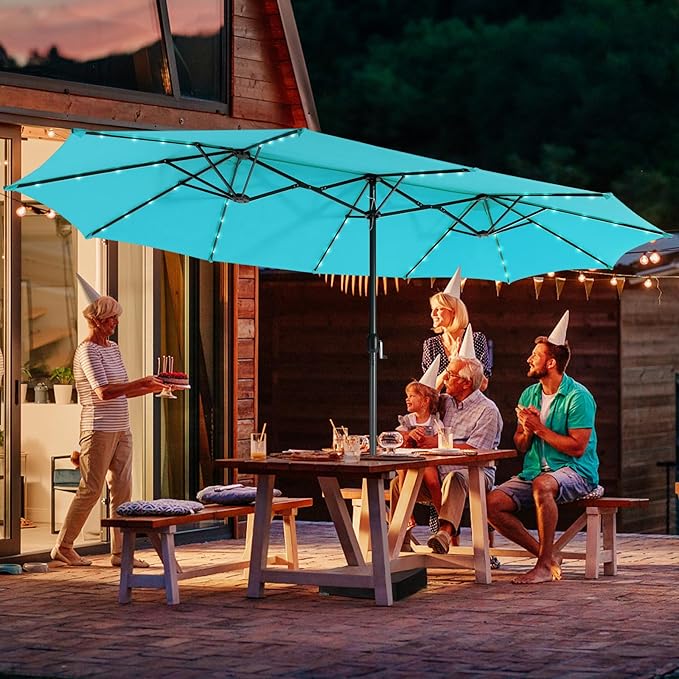 Giantex Large Outdoor Umbrella Double-Sided, 48 Solar Lights, Auto-Charging Solar Panel, Extra Large Patio Umbrella with Base and Crank, Outdoor Market Umbrellas for Poolside Garden