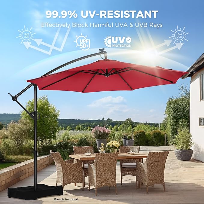 HOMSHADE 10ft Solar Lights Offset Cantilever Patio Umbrella - with Light and Base, LED Lighted Offset Hanging Patio Outdoor Market Umbrella UPF50+ UV Protection with Easy Tilt and Crank (Red)
