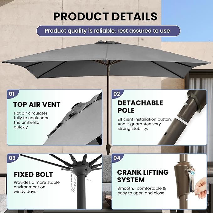 Ayge 8x10FT Large Rectangular Patio Umbrella Outdoor Table Umbrella w/Crank Rectangle Market Umbrella UV Protection for Garden, Deck,Lawn,Yard & Pool,Dark Gray