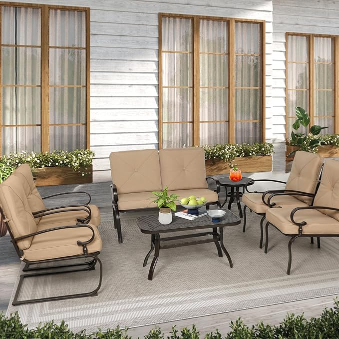 7-Piece Outdoor Metal Furniture Sets Patio Conversation Set, Wrought Iron Loveseat, 2 Dining Chairs, 2 Spring Chairs and Coffee Table, Brown