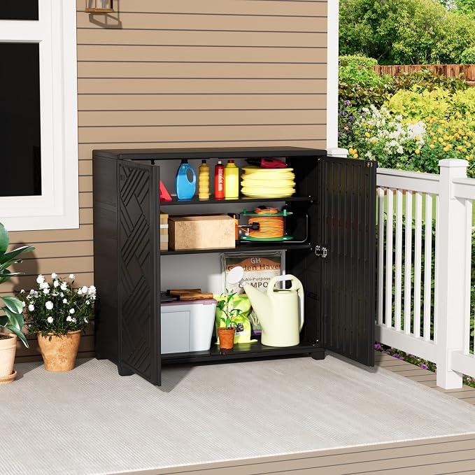 Mrosaa Outdoor/Indoor Storage Box,Resin and Plastic Storage Cabinet Waterproof,Outdoor Cabinet for Patio/Garden/Balcony/Backyard/All Room(with 2 Shelves)-Black