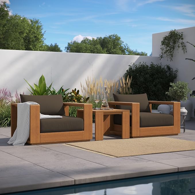 Modway Tahoe Acacia Wood 3-Piece Outdoor Patio Furniture Set in Natural Cocoa - Includes 2 Lounge Chairs with Weather-Resistant Cushions and Side Table