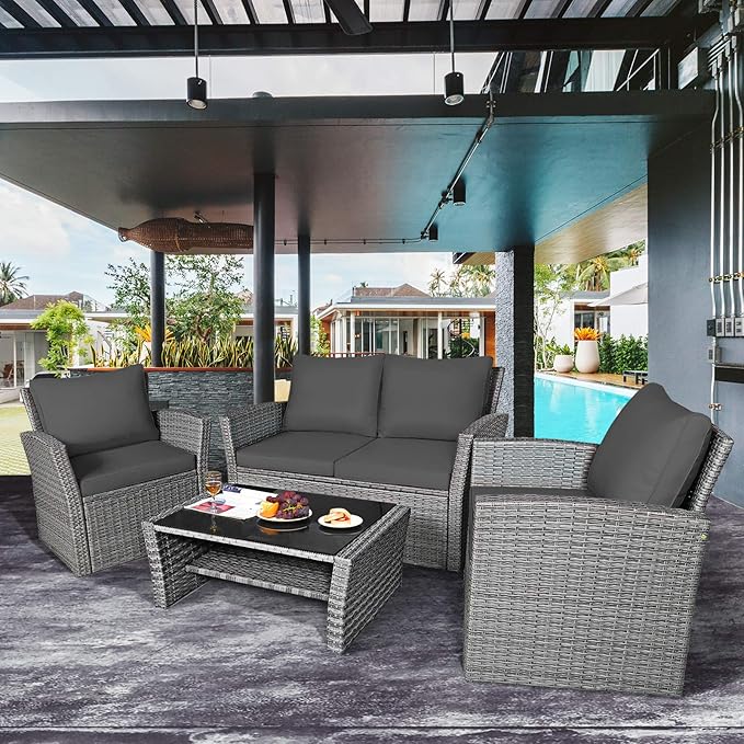 COSTWAY 4 Pieces Patio Rattan Furniture Set, Outdoor Wicker Sofa Set with Tempered Glass Coffee Table, Cushions, All Weather Rattan Conversation Set for Yard Balcony Backyard Pool (Grey)