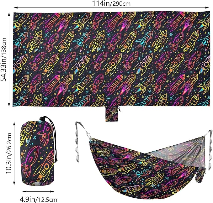 Camping Hammock Outdoor Hammocks for Outside Neon Rocket Doodle Beach Trees Portable Lightweight with Pockets Tree Straps Indoor