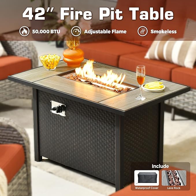 6-Piece Outdoor Patio Furniture Set with Fire Pit Table,All Weather Wicker Rattan Patio Seating Sofa and Chair Set with Ottomans,Outdoor Conversation Sets with 3 Seater Couch for Porch Deck Yard,Red