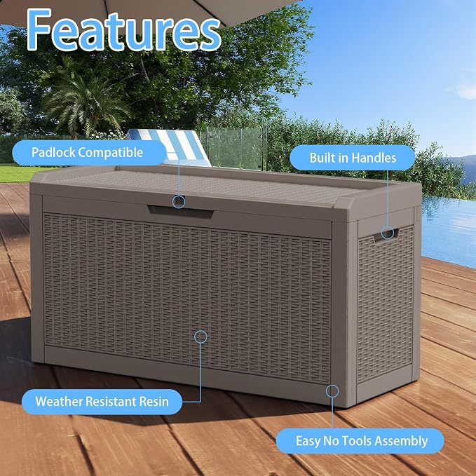 Pepe Tee Waterproof Resin Deck Box, Outdoor Storage Bin for Patio Furniture Cushions, All-Weather Garden Organizer & Seating Bench, Coffee