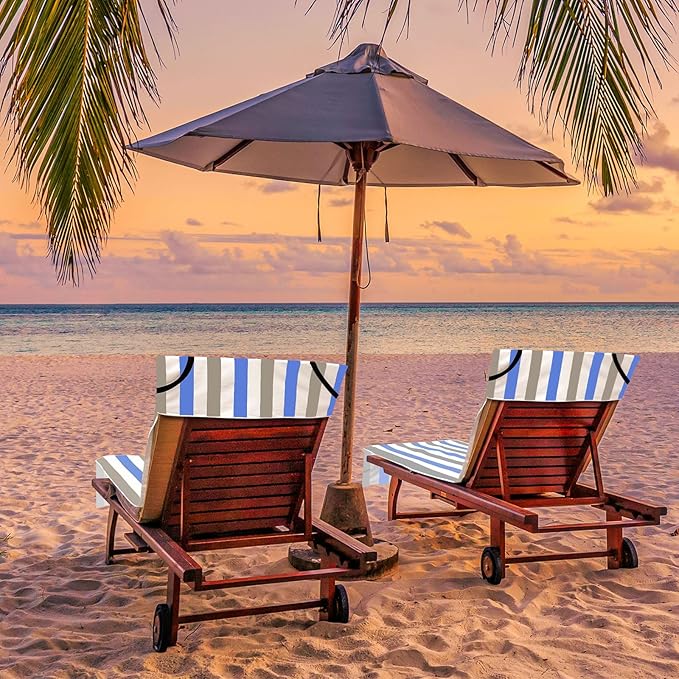 Fumete 2 Pack Lounge Chair Covers 30 x 85 Inch Pool Chaise Lounge Towels Microfiber Beach Chair Towel Portable Striped Outdoor Patio Furniture Cover for Sunbathing Picnic Spa (Blue and Grey)