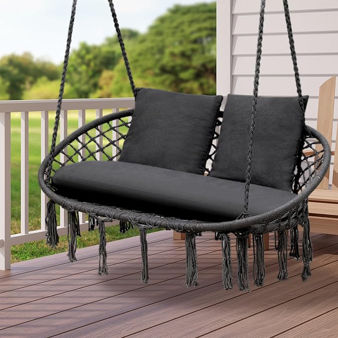 Double Hammock Chair for Indoor & Outdoor Use, Durable Woven Cotton Ropes & Iron Frame, Comfortable Seating for Patio Garden and Porch, 700 lbs Capacity, Black