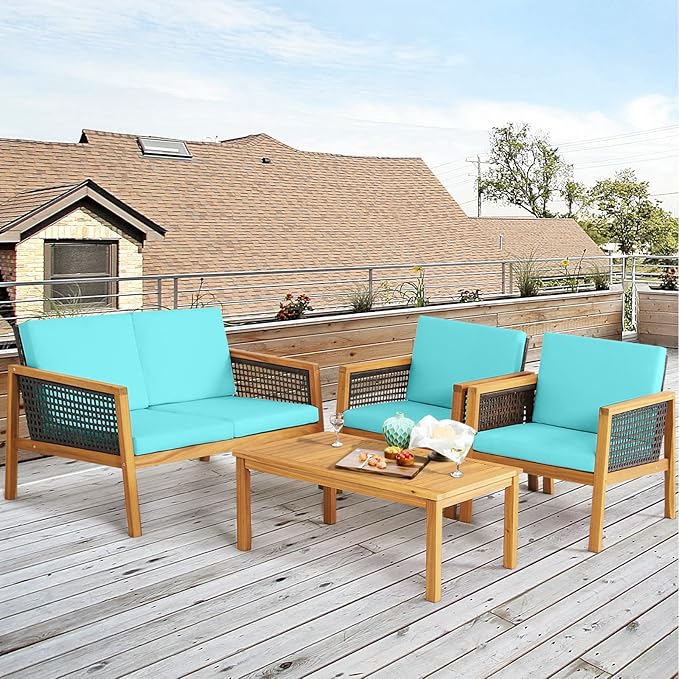 HAPPYGRILL 4 Pieces Patio Conversation Set Acacia Wood Furniture Set with Coffee Table, PE Rattan Wicker Sofa Set with Soft Cushions for Outdoor Garden Deck Poolside