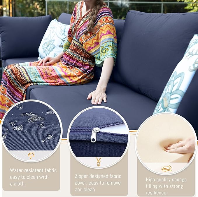 BULEXYARD 7-Piece Outdoor Patio Furniture Set with Propane/Natural Gas Fire Pit Table, Modular High-Back Sectional Couch Sofa, All-Weather Heavy Duty Backyard Seating, Brown Rattan & Navy Blue Cushion