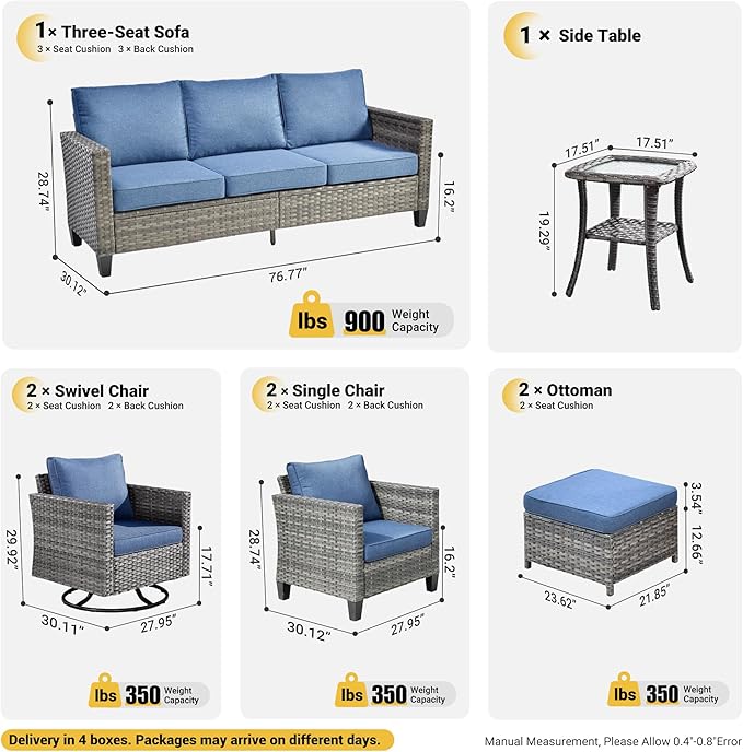 ovios 8 Pieces Patio Furniture Set, Outdoor Wicker Sofa Couch with Swivel Chairs, Rocking Glider Rocker with Comfy Cushions All Weather Rattan Conversation Set, Denim Blue