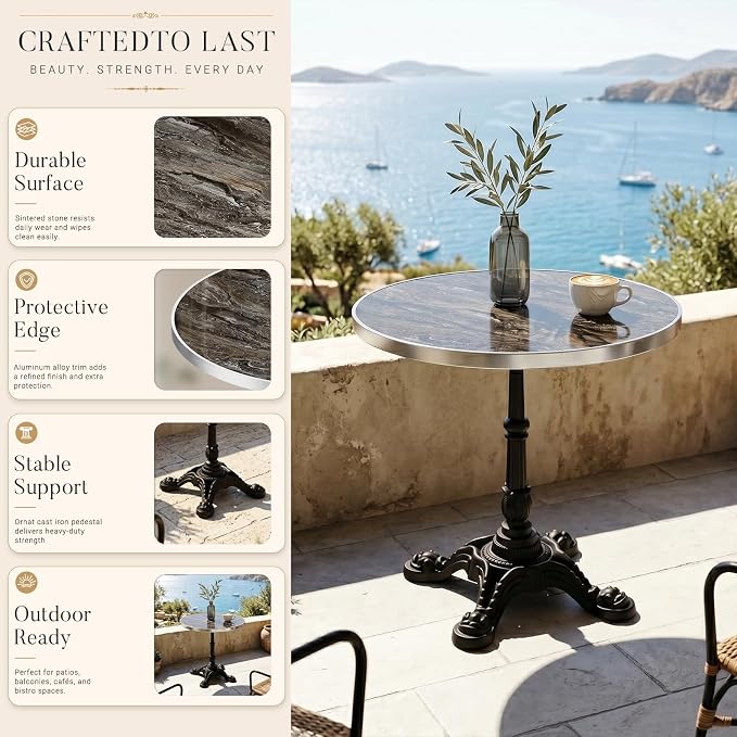 31.5" Outdoor Tulip Dining Table with Sintered Stone Tabletop and Cast Iron Base, Antique Patio Bistro Table for 2-4 Person for Indoor Outside Cafe Restaurant Backyard Garden (Venetian Brown Marble)