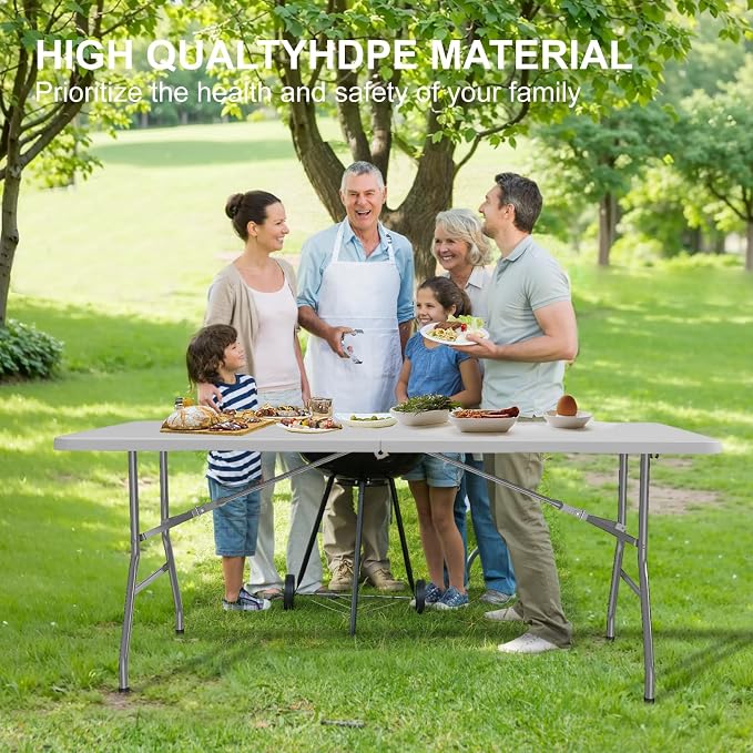 6PK Folding Table, 6FT Portable Plastic Folding Table, Foldable Dining Tables with Carrying Handle for Party, Picnic, Camping, Easy to Fold and Storage, for Indoor or Outdoor Use