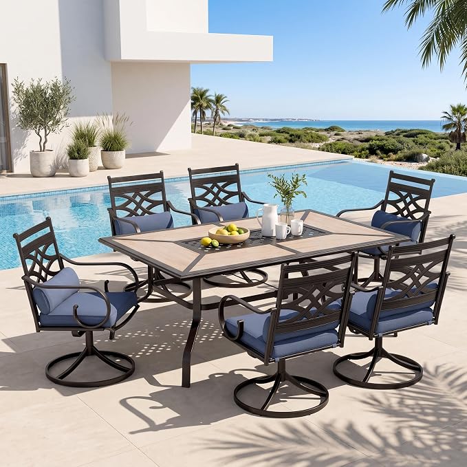 PHI VILLA 7 Pieces Outdoor Dining Set for 6, 61" Rectangle Metal Table with Umbrella Hole & Wrought Iron Swivel Chairs, Patio Furniture with Blue Cushions & Pillows for Deck, Porch, Backyard
