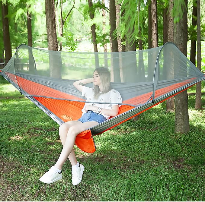 LFL Portable Camping Hammock with Mosquito Net, 1-2 Person Outdoor Swing Hammock, Nylon Parachute Material, Quick Opening Hammock with Net, Hiking Travel Courtyard (Orange)
