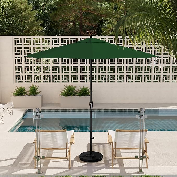 California Umbrella 12-Year Protection 9' Rd Aluminum Patio Umbrella, Crank Lift, Auto Tilt, Black Finish, Sunbrella Forest Green