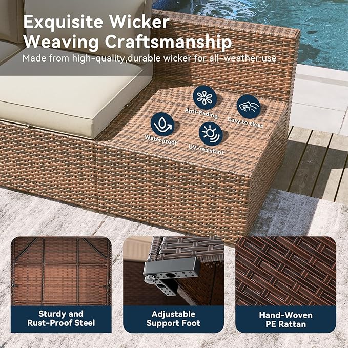 LazySunsets 7 Piece Outdoor Patio Furniture Set with Coffee Table, Outdoor Patio Furniture Sets with Waterproof Cover, Wicker Rattan Outdoor Conversation Set for Backyard & Garden, Beige