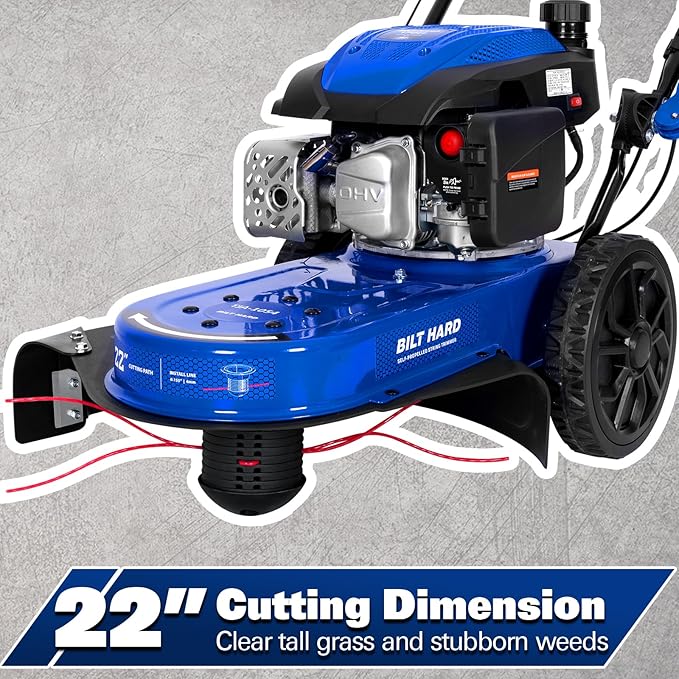 BILT HARD Self-Propelled Walk Behind String Trimmer, 8-Position Cutting Height, 170cc 4-Cycle Gas Brush Hog Mower, 22'' Cutting Diameter, 10'' Flat Free Wheels, Brush Cutter for Lawn, Yard